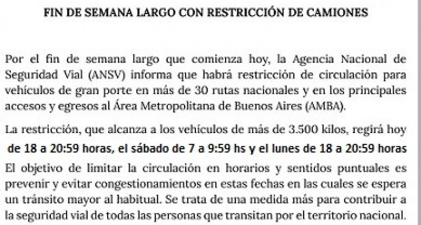 RESTRICCIÓN A LA CIRCULACIÓN DE CAMIONES  14,15 y 17 DE JUNIO 2024