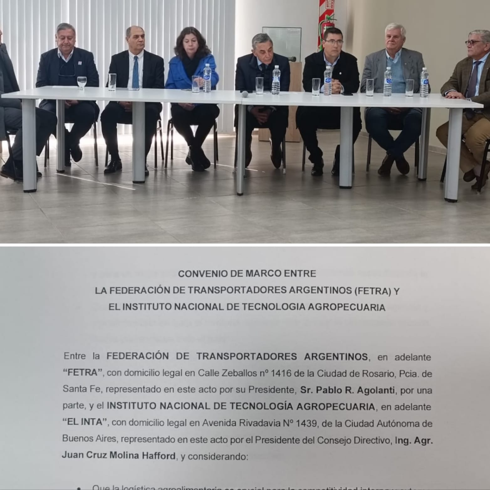 Pablo Agolanti presidente de Fe.Tr.A firma el convenio con el INTA